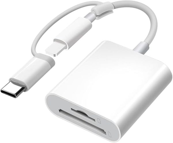 Dual lightning and USB-C connector memory SD card adapter