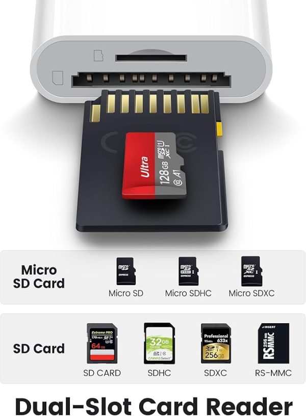 Dual lightning and USB-C connector memory SD card adapter